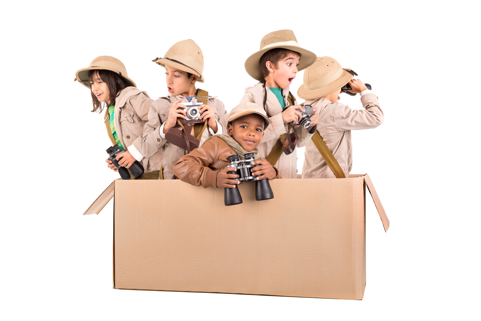 Children's group in a cardboard box playing safari